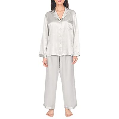 Sleepdown 100% zijden damespyjama, lange set, 2-delige nachtkleding, nachtkleding, comfortabel, natuurlijk hypoallergeen 22 momme, Zilver, L Sleepdown 100% zijden damespyjama, lange set, 2-delige nachtkleding, nachtkleding, comfortabel, natuurlijk hypoallergeen 22 momme, Zilver, L