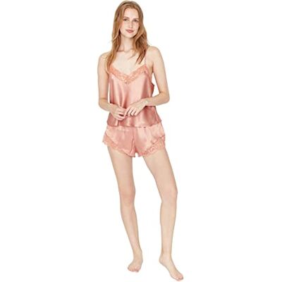Trendyol Dames Plain Lacework/Mesh/Net gedetailleerde Dunne Geweven Hemdje Shorts Pyjama Set, Zalm Kleur, 64 Trendyol Dames Plain Lacework/Mesh/Net gedetailleerde Dunne Geweven Hemdje Shorts Pyjama Set, Zalm Kleur, 64