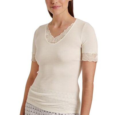CALIDA Silky Wool Glam T-shirt voor dames, van wolzijde, fijne rib, temperatuurregulerend en geurneutraliserend, Charm Cream, 36-38 CALIDA Silky Wool Glam T-shirt voor dames, van wolzijde, fijne rib, temperatuurregulerend en geurneutraliserend, Charm Cream, 36-38