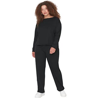 Trendyol Dames effen gebreide blouse-broek plus grootte pyjama set, Zwart, 3XL Trendyol Dames effen gebreide blouse-broek plus grootte pyjama set, Zwart, 3XL
