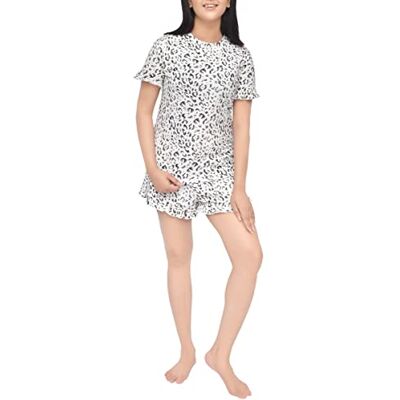 Sleepdown Damespyjama met ruches en all-over dierenprint, 2-delig T-shirt met korte mouwen en korte set, casual loungewear nachtkleding, Grijze luipaard, XL Sleepdown Damespyjama met ruches en all-over dierenprint, 2-delig T-shirt met korte mouwen en korte set, casual loungewear nachtkleding, Grijze luipaard, XL
