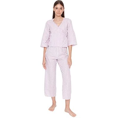 Trendyol Dames Gestreept Midden Geweven T-shirt Broek Pyjama, Paars, 36, lila, 36 Trendyol Dames Gestreept Midden Geweven T-shirt Broek Pyjama, Paars, 36, lila, 36