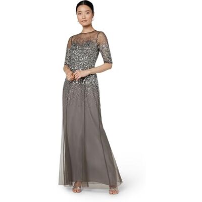 Adrianna Papell Women's 3/4 Sleeve Beaded Illusion Gown with Sweetheart Neckline, Lead, 8 Adrianna Papell Women's 3/4 Sleeve Beaded Illusion Gown with Sweetheart Neckline, Lead, 8