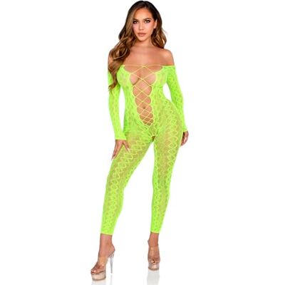 Leg Avenue Open Kruis, Voetloze Lingerie Bodystocking, One Size Neon Groen Leg Avenue Open Kruis, Voetloze Lingerie Bodystocking, One Size Neon Groen