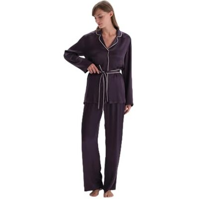 Dagi Dames hoge taille satijn geweven broek met beenriem pyjamabroek, Paars, 36 Dagi Dames hoge taille satijn geweven broek met beenriem pyjamabroek, Paars, 36