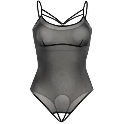 Teyli Bodysuit voor dames, body ouvert tanga, mesh top, body voor dames, van fijn mesh met verstelbare bandjes, zwart, zwart, S-M Teyli Bodysuit voor dames, body ouvert tanga, mesh top, body voor dames, van fijn mesh met verstelbare bandjes, zwart, zwart, S-M