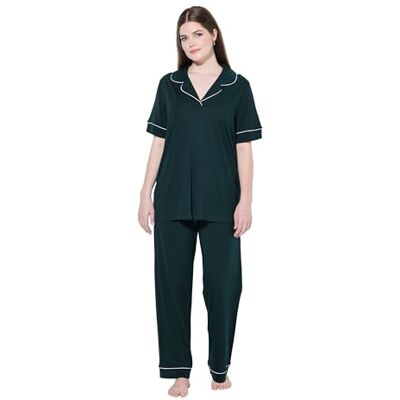 Ulla Popken damespyjama, grote maten, plussize, sierbies, reverskraag, halve mouw, Middernachtgroen, 42-44 Ulla Popken damespyjama, grote maten, plussize, sierbies, reverskraag, halve mouw, Middernachtgroen, 42-44
