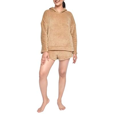 Sleepdown Dames Dames Luxe 2 Stuk Coral Fleece Hoodie En Korte Set Cosy Loungewear, Toffee Bruin, S Sleepdown Dames Dames Luxe 2 Stuk Coral Fleece Hoodie En Korte Set Cosy Loungewear, Toffee Bruin, S
