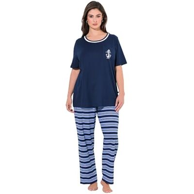 Ulla Popken Damespyjama, Stripe Fusion pyjama, nachtblauw, 46-48 Ulla Popken Damespyjama, Stripe Fusion pyjama, nachtblauw, 46-48