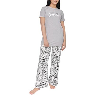Sleepdown Dames pyjama bedrukt 2-delig T-shirt met korte mouwen en all-over dierenprint wijde pijpen broek set casual loungewear nachtkleding, Grijze luipaard, L Sleepdown Dames pyjama bedrukt 2-delig T-shirt met korte mouwen en all-over dierenprint wijde pijpen broek set casual loungewear nachtkleding, Grijze luipaard, L