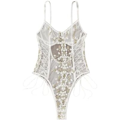 Lilosy Vrouwen Sexy Lace Up Bloemen Geborduurde Teddy Lingerie Bodysuit Top Mesh Sheer Een Stuk, Wit, S Lilosy Vrouwen Sexy Lace Up Bloemen Geborduurde Teddy Lingerie Bodysuit Top Mesh Sheer Een Stuk, Wit, S