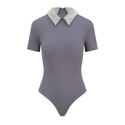 BALOU Bodysuit shirt met parelkraag voor dames, Grijs, 16 BALOU Bodysuit shirt met parelkraag voor dames, Grijs, 16