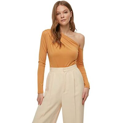 Trendyol Woman Fitted Asymmetrische Asymmetrische Kraag Gebreide Bodysuit Shirt Dames, Kamelen, L Trendyol Woman Fitted Asymmetrische Asymmetrische Kraag Gebreide Bodysuit Shirt Dames, Kamelen, L
