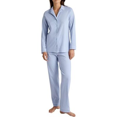 CALIDA Night Lovers Pyjama, doorgeknoopt, voor dames, van 100% supima-katoen, met stof beklede elastische tailleband, Harmony Blauw, 48/50 CALIDA Night Lovers Pyjama, doorgeknoopt, voor dames, van 100% supima-katoen, met stof beklede elastische tailleband, Harmony Blauw, 48/50