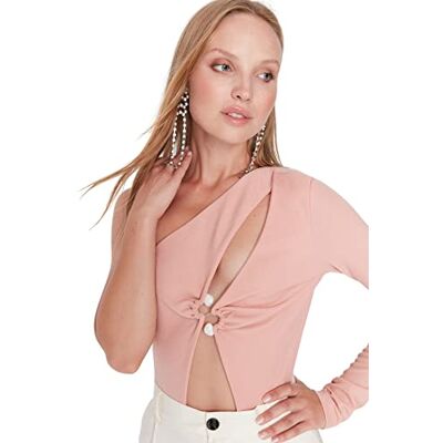 Trendyol Effen gebreide bodysuit voor dames, Poeder, 38 Trendyol Effen gebreide bodysuit voor dames, Poeder, 38