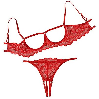 Lilosy Sexy onderdraad bloemenkant doorzichtige dameslingerie set met doorzichtige beha en slipje, 2-delig, Rood, L Lilosy Sexy onderdraad bloemenkant doorzichtige dameslingerie set met doorzichtige beha en slipje, 2-delig, Rood, L