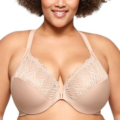 Glamorise Vrouwen Plus Size Front-Close T-Back Wonderwire Onderdraad #1246, Café, 95H Glamorise Vrouwen Plus Size Front-Close T-Back Wonderwire Onderdraad #1246, Café, 95H