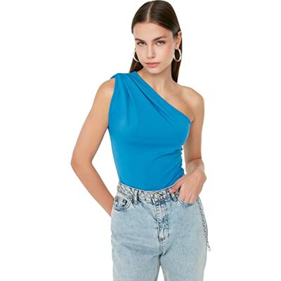 Trendyol Dames effen dunne gebreide bodysuit, Blauw, L Trendyol Dames effen dunne gebreide bodysuit, Blauw, L