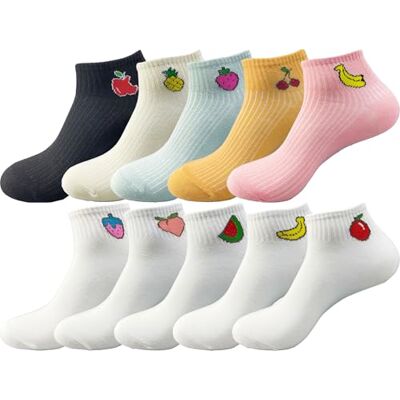 Joylife IHAUIUE Fruit geborduurde enkelsokken, schattige laag uitgesneden sokken voor vrouwen, dames, meisjes, 10 stuks., one size Joylife IHAUIUE Fruit geborduurde enkelsokken, schattige laag uitgesneden sokken voor vrouwen, dames, meisjes, 10 stuks., one size
