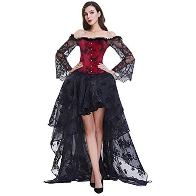 Kimring Steampunk Victoriaanse top voor dames, off-shoulder korset met hoge lage rok, Zwart/Rood, L Kimring Steampunk Victoriaanse top voor dames, off-shoulder korset met hoge lage rok, Zwart/Rood, L