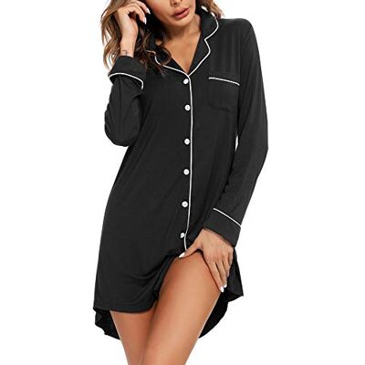 Senert Samring Nachthemd voor dames, slaaphemd, korte mouwen, nachtkleding, boyfriend-nachthemd, knooplijst, pyjama-jurk, S-XXL, lange mouwen, zwart, medium Senert Samring Nachthemd voor dames, slaaphemd, korte mouwen, nachtkleding, boyfriend-nachthemd, knooplijst, pyjama-jurk, S-XXL, lange mouwen, zwart, medium