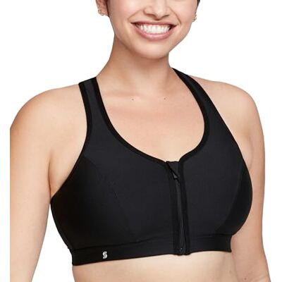 Glamorise Full Figure Plus Size Zip Up Front-Sluiting Sport BH Draadloos # 9266 Zwart Glamorise Full Figure Plus Size Zip Up Front-Sluiting Sport BH Draadloos # 9266 Zwart
