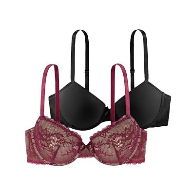 DORINA Comfort Lace T-Shirt BH voor vrouwen, 3/4-cup dames licht gevoerde beugelbeha, 2-pack, CHLOE-2PP zwart roze rood ivoor, bordeauxrood/zwart, 70C DORINA Comfort Lace T-Shirt BH voor vrouwen, 3/4-cup dames licht gevoerde beugelbeha, 2-pack, CHLOE-2PP zwart roze rood ivoor, bordeauxrood/zwart, 70C