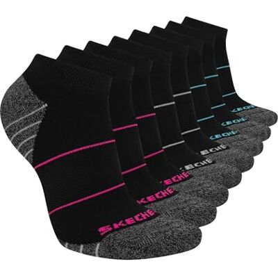 Skechers Dames 8-pack Work Collection Low Cut Sokken, Extended Cushion & Mesh Ventilatie, Zwart/Roze Glo/Bluefish, 9-11 Skechers Dames 8-pack Work Collection Low Cut Sokken, Extended Cushion & Mesh Ventilatie, Zwart/Roze Glo/Bluefish, 9-11