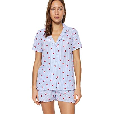Trendyol Dames geometrisch patroon knoop gedetailleerd midden geweven overhemd korte pyjama set (Pack van 2), Blauw, 62 Trendyol Dames geometrisch patroon knoop gedetailleerd midden geweven overhemd korte pyjama set (Pack van 2), Blauw, 62