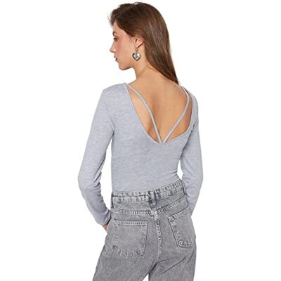 Trendyol Effen gebreide bodysuit voor dames, Grijs, M Trendyol Effen gebreide bodysuit voor dames, Grijs, M