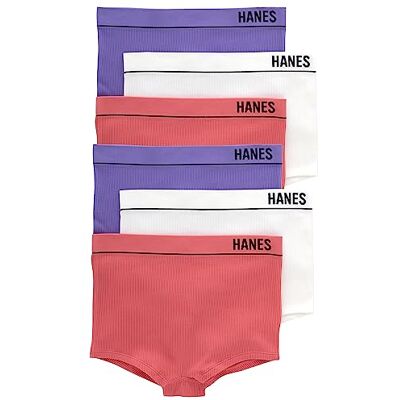 Hanes Set van 6 geribbelde boyfit-slips, zacht, naadloos, hoge taille, Levendige lavendel/wit/roze begonia, XL Hanes Set van 6 geribbelde boyfit-slips, zacht, naadloos, hoge taille, Levendige lavendel/wit/roze begonia, XL