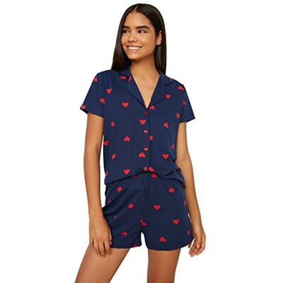 Trendyol Dames hart midden gebreide overhemd-broek pyjama set, Donkerblauw, S Trendyol Dames hart midden gebreide overhemd-broek pyjama set, Donkerblauw, S