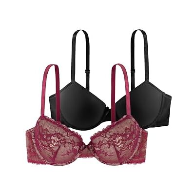 DORINA Comfort Lace T-Shirt BH voor vrouwen, 3/4-cup dames licht gevoerde beugelbeha, 2-pack, CHLOE-2PP zwart roze rood ivoor, rood/zwart, 90B DORINA Comfort Lace T-Shirt BH voor vrouwen, 3/4-cup dames licht gevoerde beugelbeha, 2-pack, CHLOE-2PP zwart roze rood ivoor, rood/zwart, 90B