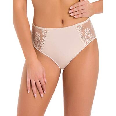 Teyli Damesslips met kanten afwerking, Braziliaans gesneden damesslip met hoge stand, versierd met bloemenkant, beige, M Teyli Damesslips met kanten afwerking, Braziliaans gesneden damesslip met hoge stand, versierd met bloemenkant, beige, M