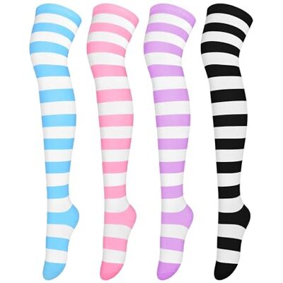Aneco 4 Paar Over Knie Hoge Streep Sokken Streep Dij Hoge Sokken Cosplay Accessoires Voor Vrouw Meisjes, Meerkleurig, Small-Large Aneco 4 Paar Over Knie Hoge Streep Sokken Streep Dij Hoge Sokken Cosplay Accessoires Voor Vrouw Meisjes, Meerkleurig, Small-Large