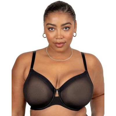 Curvy Couture Ongevoerde beugelbeha van doorzichtig mesh met volledige dekking, Zwarte tint, 36J Curvy Couture Ongevoerde beugelbeha van doorzichtig mesh met volledige dekking, Zwarte tint, 36J