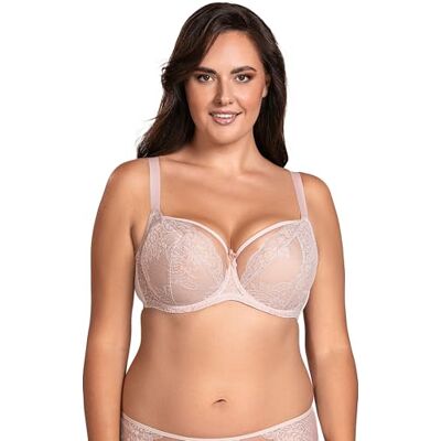 Vivisence 1044 Beha voor dames, met beugel, kanten top, beha, grote maten, zachte beha, tule, mesh, kant, strik, cups, roze, 80E Vivisence 1044 Beha voor dames, met beugel, kanten top, beha, grote maten, zachte beha, tule, mesh, kant, strik, cups, roze, 80E
