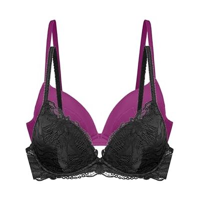 DORINA ANGIE-2PP-Plunge Angie Push-Up Plunge beha's kant en microvezel, afneembare pads, ondersteuning van de beugel, zwart en fuchsia, Zwart/Fuchsia, 80D DORINA ANGIE-2PP-Plunge Angie Push-Up Plunge beha's kant en microvezel, afneembare pads, ondersteuning van de beugel, zwart en fuchsia, Zwart/Fuchsia, 80D