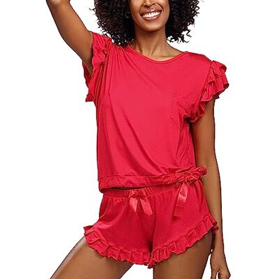 DKaren Lulu Damespyjama, 2-delige set, pyjama, viscose, shorts, nachtkleding, Lulu, rood, XXL DKaren Lulu Damespyjama, 2-delige set, pyjama, viscose, shorts, nachtkleding, Lulu, rood, XXL