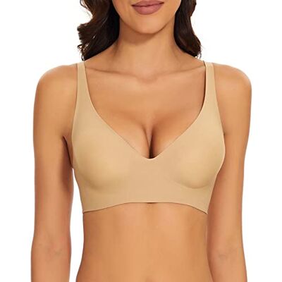 Haullps Wirefree Seamless Bra for Women Invisible Deep V Plunge Bra with Removeable Padding Khaki Haullps Wirefree Seamless Bra for Women Invisible Deep V Plunge Bra with Removeable Padding Khaki