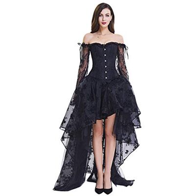 Kimring Dames steampunk victoriaanse off-shoulder borduurwerk lange mouwen korset top met hoge lage rok set zwart XXXX-Large Kimring Dames steampunk victoriaanse off-shoulder borduurwerk lange mouwen korset top met hoge lage rok set zwart XXXX-Large