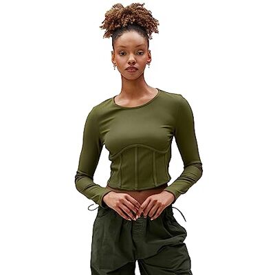 Koton Dames Lange Mouwen Crop Corset Crew Neck T-Shirt, Kaki (854), M Koton Dames Lange Mouwen Crop Corset Crew Neck T-Shirt, Kaki (854), M