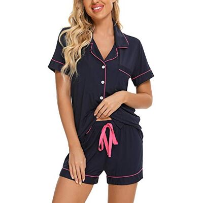 Senert Samring damespyjamaset met knopen en V-hals, korte mouwen, nachtkleding, zachte pyjamasets S-XXL, A Style Pants No, A Style Pants No Pockets-marineblauw, S Senert Samring damespyjamaset met knopen en V-hals, korte mouwen, nachtkleding, zachte pyjamasets S-XXL, A Style Pants No, A Style Pants No Pockets-marineblauw, S