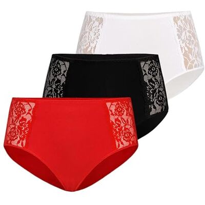 Teyli Multipack damesslip met hoge taille, katoenen slipje, bloemenkant, verpakking van 3 stuks, kleur: zwart wit beige, zwart wit beige, 44 Teyli Multipack damesslip met hoge taille, katoenen slipje, bloemenkant, verpakking van 3 stuks, kleur: zwart wit beige, zwart wit beige, 44