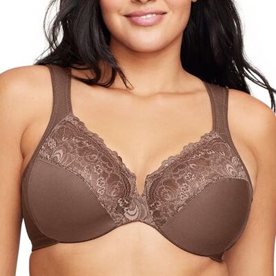 Glamorise Vrouwen Plus Size Low Cut Wonderwire Lace Bra Onderdraad #1240, Mokka, 95B Glamorise Vrouwen Plus Size Low Cut Wonderwire Lace Bra Onderdraad #1240, Mokka, 95B