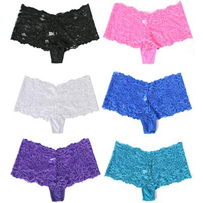 Agdoizry 6 stuks dames Hipster Lace Trim Boyshort Underwear Panties Sheer Plus Size, Meerkleurig, S Agdoizry 6 stuks dames Hipster Lace Trim Boyshort Underwear Panties Sheer Plus Size, Meerkleurig, S