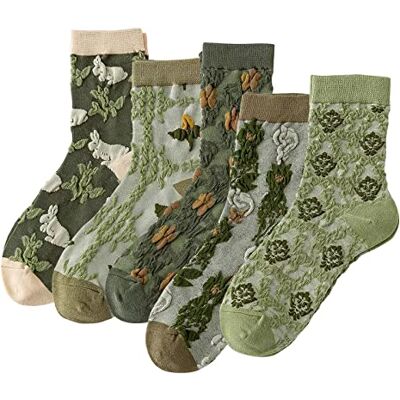 DXYAKY 5 paar dames bloemen katoenen sokken vintage patroon crew sokken nieuwigheid enkel ruches warme casual jurk sokken, 5 paar groen, one size DXYAKY 5 paar dames bloemen katoenen sokken vintage patroon crew sokken nieuwigheid enkel ruches warme casual jurk sokken, 5 paar groen, one size