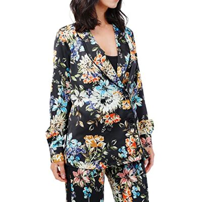 Pretty Darling Dames zwarte bloemen pyjama stijl satijn lange mouwen banding casual blouse, Meerkleurig, 34 Pretty Darling Dames zwarte bloemen pyjama stijl satijn lange mouwen banding casual blouse, Meerkleurig, 34