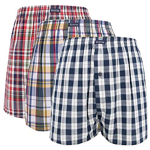 VANEVER Katoenen Boxers voor heren, geweven boxershorts voor heren, gebreide boxershorts, voor heren, geruite boxershorts, Loose Fit Boxershorts, alledaagse jongens boxershorts, Button Fly Pattern Boxers, 3 packs, Rode Checker, M