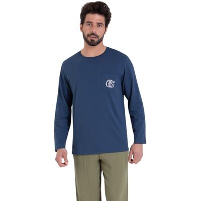 Athena Easy Coton, lange pyjama met O-hals, nacht voor heren, inkt/kaki, XXL Athena Easy Coton, lange pyjama met O-hals, nacht voor heren, inkt/kaki, XXL